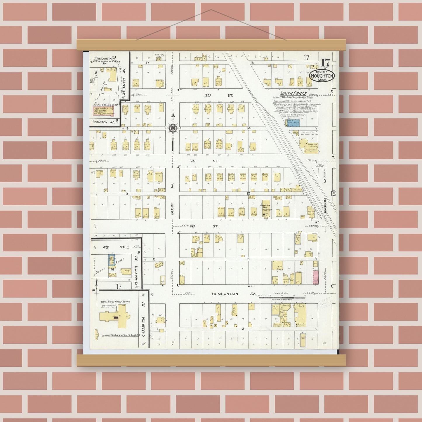 Old map wall art mockup — magnetic wood frame on brick wall — Sanborn Fire Insurance Map from Houghton, Houghton County, Michigan (1917), Sheet #0017