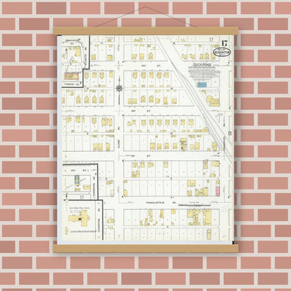 Old map wall art mockup — magnetic wood frame on brick wall — Sanborn Fire Insurance Map from Houghton, Houghton County, Michigan (1917), Sheet #0017