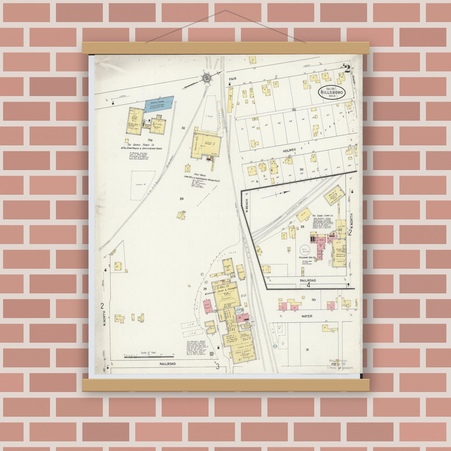 Old map wall art mockup — magnetic wood frame on brick wall — Sanborn Fire Insurance Map from Hillsboro, Highland County, Ohio (1911), Sheet #0002