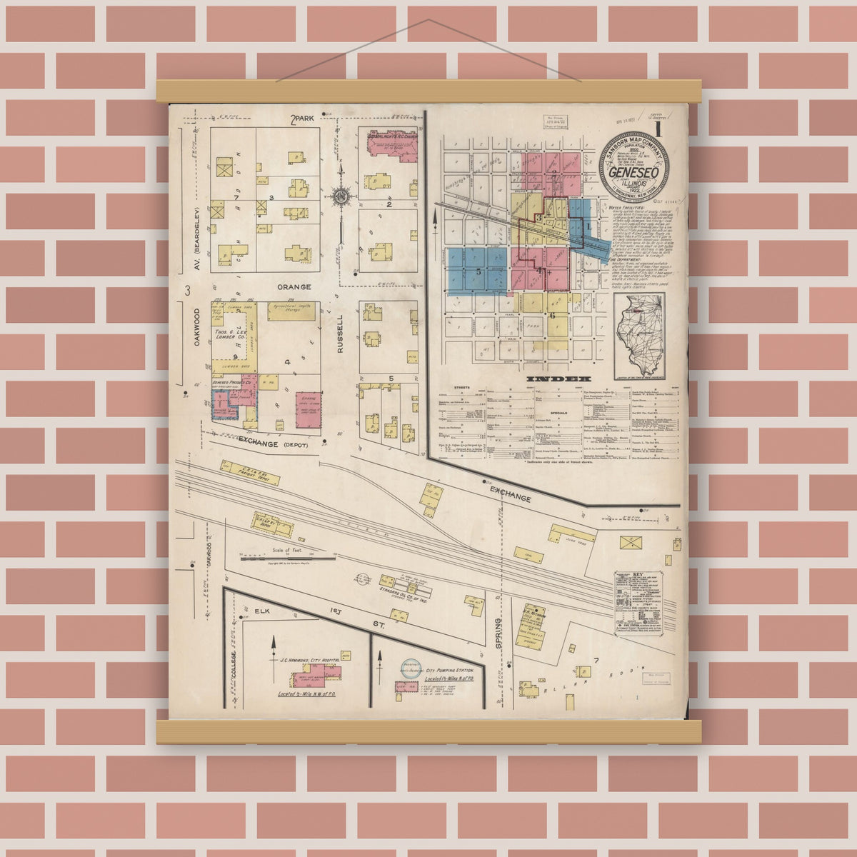 Old map wall art mockup — magnetic wood frame on brick wall — Sanborn Fire Insurance Map from Geneseo, Henry County, Illinois (1922) - Complete Map Set