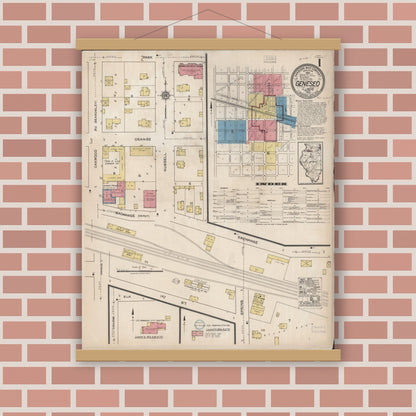 Old map wall art mockup — magnetic wood frame on brick wall — Sanborn Fire Insurance Map from Geneseo, Henry County, Illinois (1922) - Complete Map Set