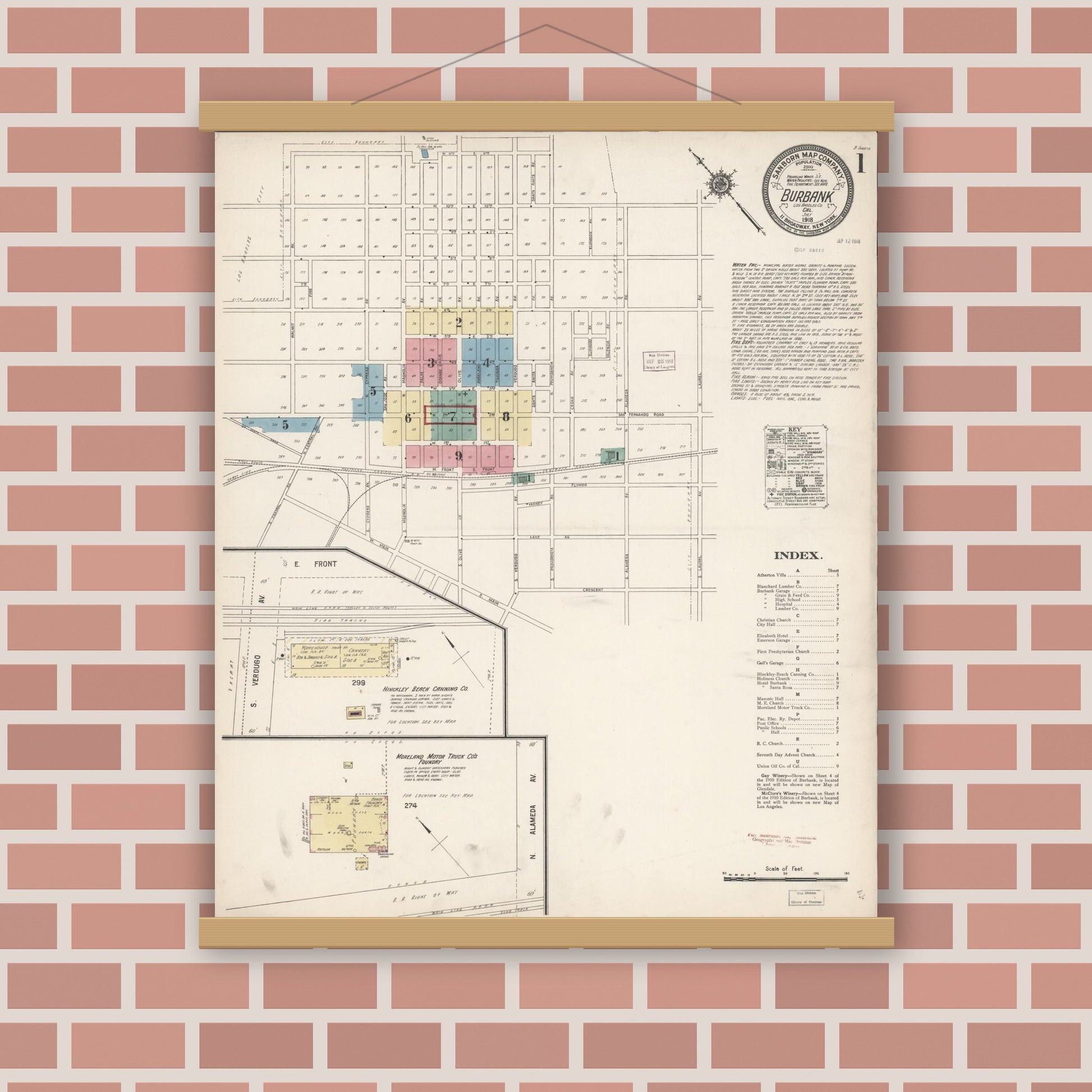 Old map wall art mockup — magnetic wood frame on brick wall — Sanborn Fire Insurance Map from Burbank, Los Angeles County, California (1918), Sheet #0001