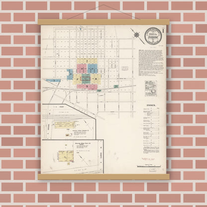Old map wall art mockup — magnetic wood frame on brick wall — Sanborn Fire Insurance Map from Burbank, Los Angeles County, California (1918), Sheet #0001
