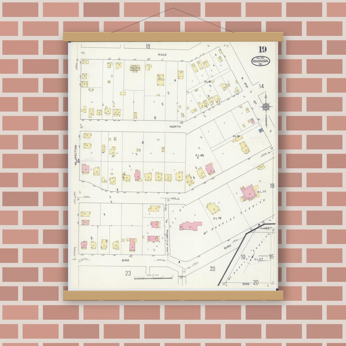 Old map wall art mockup — magnetic wood frame on brick wall — Sanborn Fire Insurance Map from Hannibal, Marion County, Missouri (1913), Sheet #0019