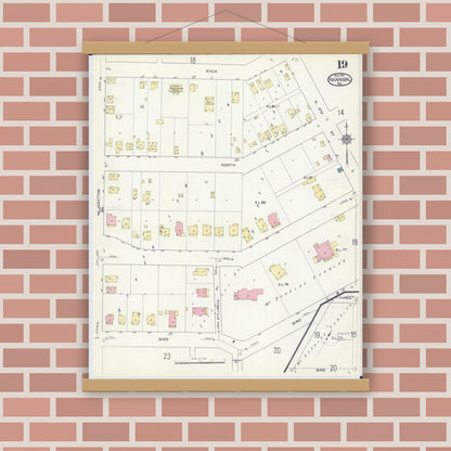 Old map wall art mockup — magnetic wood frame on brick wall — Sanborn Fire Insurance Map from Hannibal, Marion County, Missouri (1913), Sheet #0019