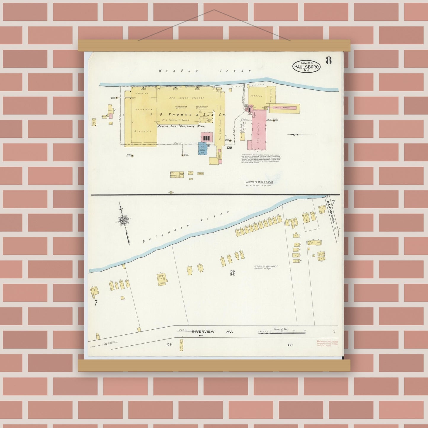 Old map wall art mockup — magnetic wood frame on brick wall — Sanborn Fire Insurance Map from Paulsboro, Gloucester County, New Jersey (1915), Sheet #0008
