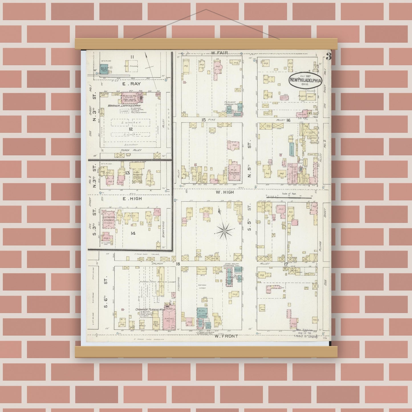 Old map wall art mockup — magnetic wood frame on brick wall — Sanborn Fire Insurance Map from New Philadelphia, Tuscarawas County, Ohio (1887), Sheet #0003