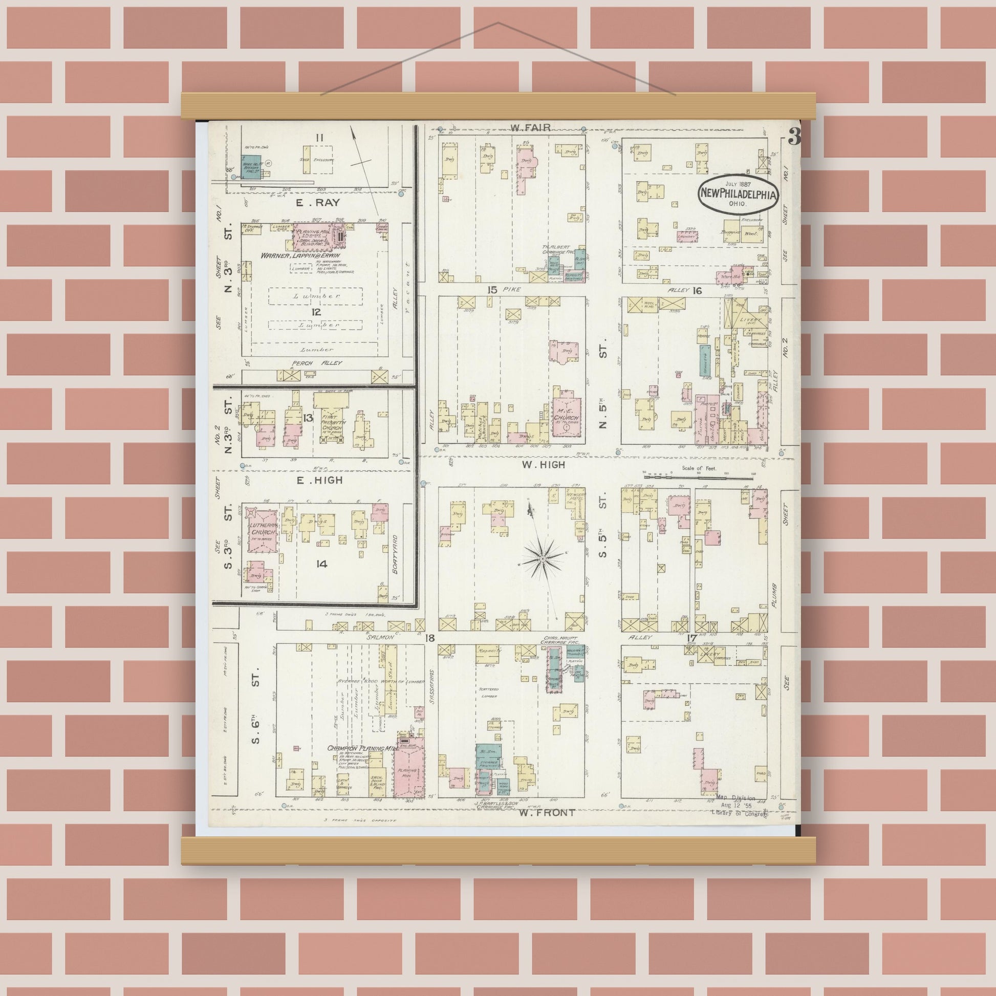Old map wall art mockup — magnetic wood frame on brick wall — Sanborn Fire Insurance Map from New Philadelphia, Tuscarawas County, Ohio (1887), Sheet #0003