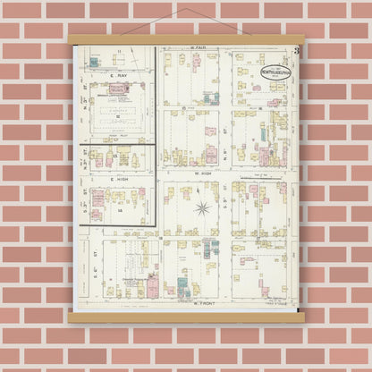 Old map wall art mockup — magnetic wood frame on brick wall — Sanborn Fire Insurance Map from New Philadelphia, Tuscarawas County, Ohio (1887), Sheet #0003
