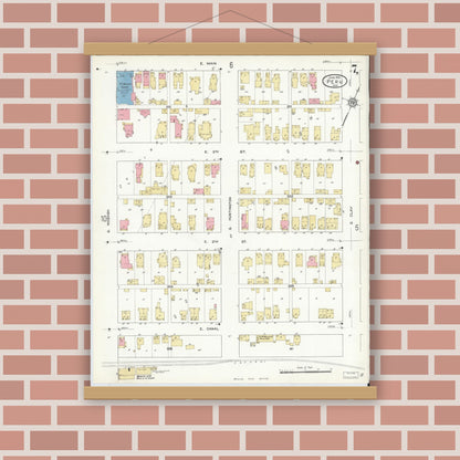 Old map wall art mockup — magnetic wood frame on brick wall — Sanborn Fire Insurance Map from Peru, Miami County, Indiana (1912), Sheet #0007