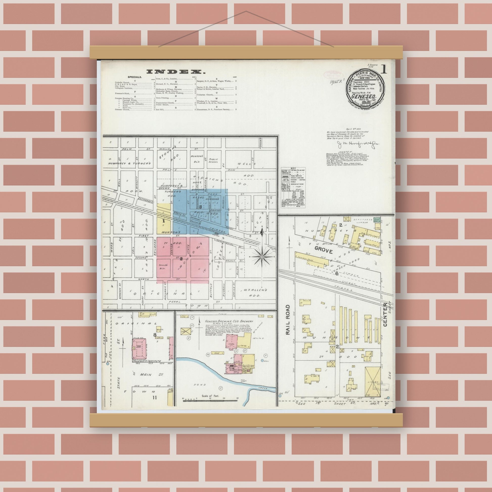 Old map wall art mockup — magnetic wood frame on brick wall — Sanborn Fire Insurance Map from Geneseo, Henry County, Illinois (1892), Sheet #0001