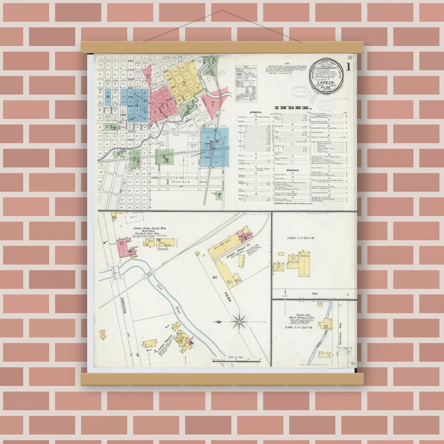 Old map wall art mockup — magnetic wood frame on brick wall — Sanborn Fire Insurance Map from Lapeer, Lapeer County, Michigan (1898), Sheet #0001