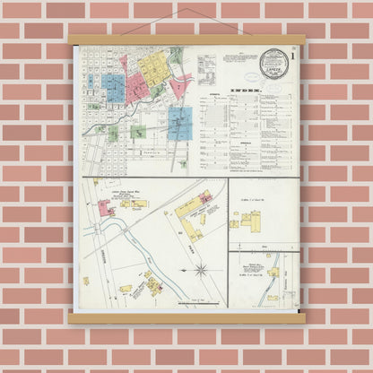 Old map wall art mockup — magnetic wood frame on brick wall — Sanborn Fire Insurance Map from Lapeer, Lapeer County, Michigan (1898), Sheet #0001