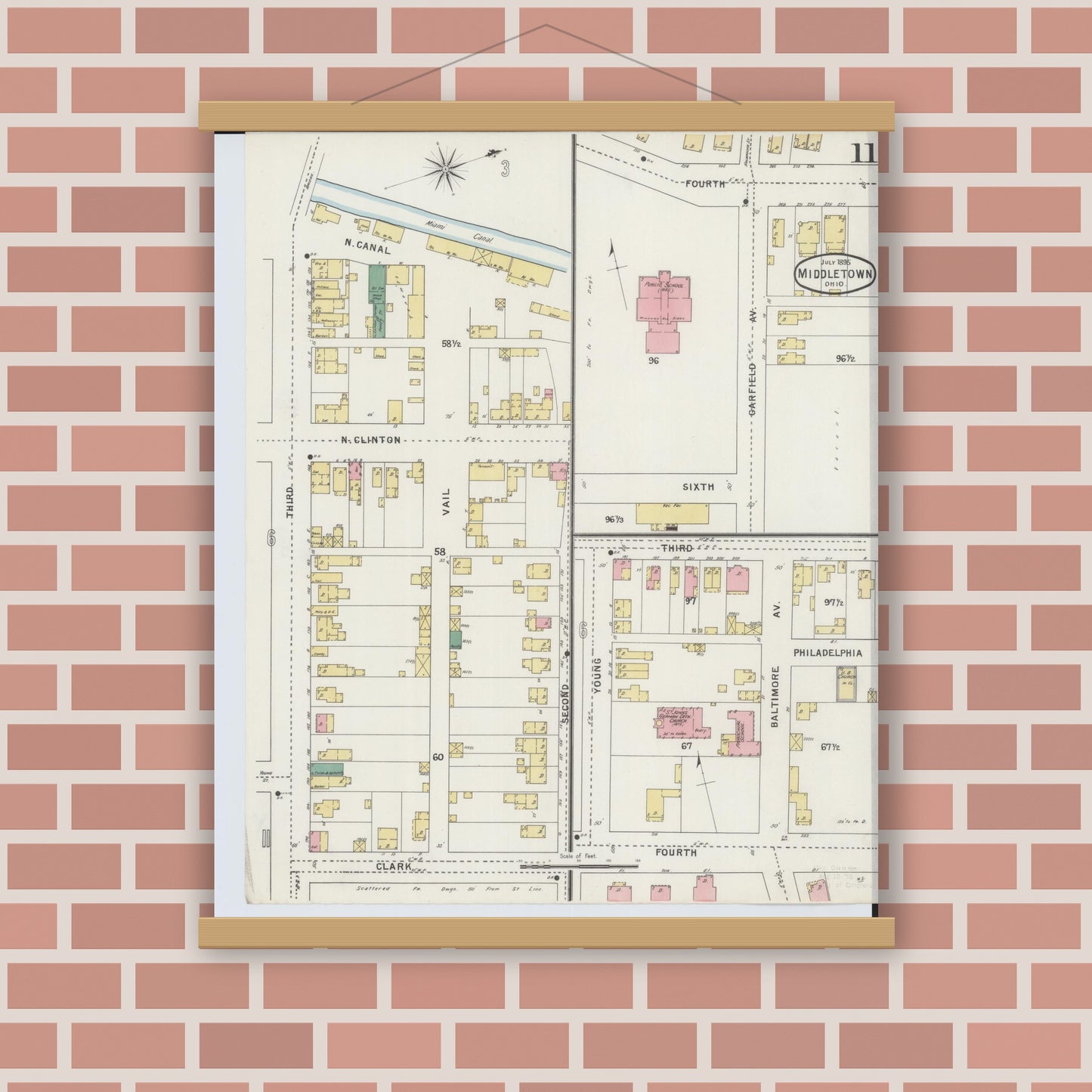 Old map wall art mockup — magnetic wood frame on brick wall — Sanborn Fire Insurance Map from Middletown, Butler County, Ohio (1895), Sheet #0011