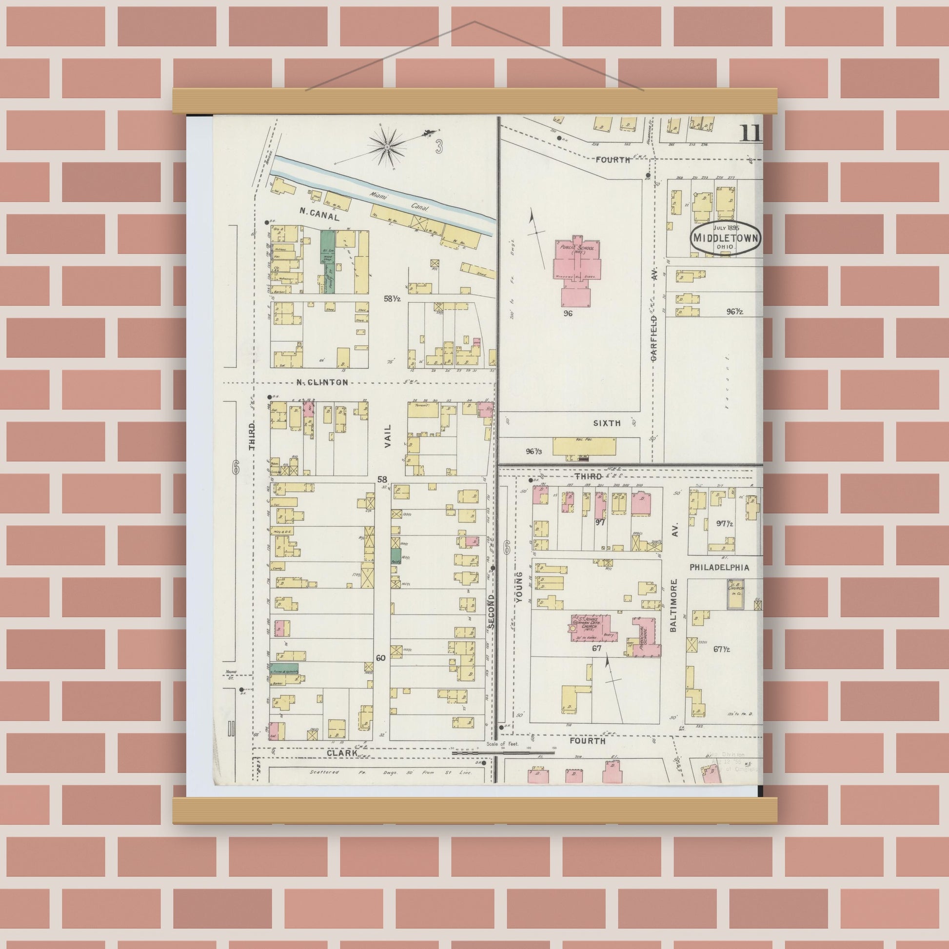Old map wall art mockup — magnetic wood frame on brick wall — Sanborn Fire Insurance Map from Middletown, Butler County, Ohio (1895), Sheet #0011
