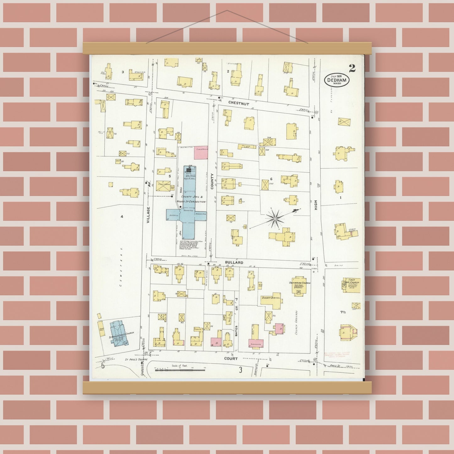 Old map wall art mockup — magnetic wood frame on brick wall — Sanborn Fire Insurance Map from Dedham, Norfolk County, Massachusetts (1909), Sheet #0002