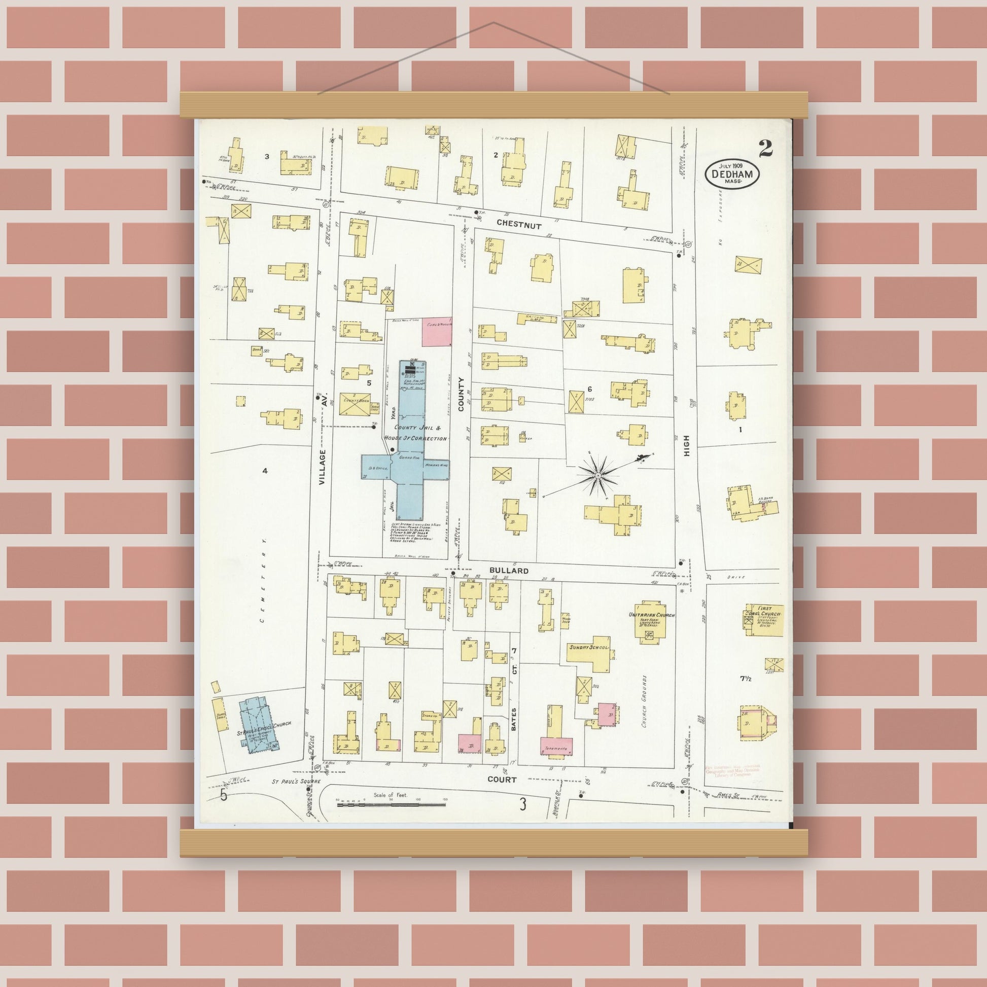 Old map wall art mockup — magnetic wood frame on brick wall — Sanborn Fire Insurance Map from Dedham, Norfolk County, Massachusetts (1909), Sheet #0002