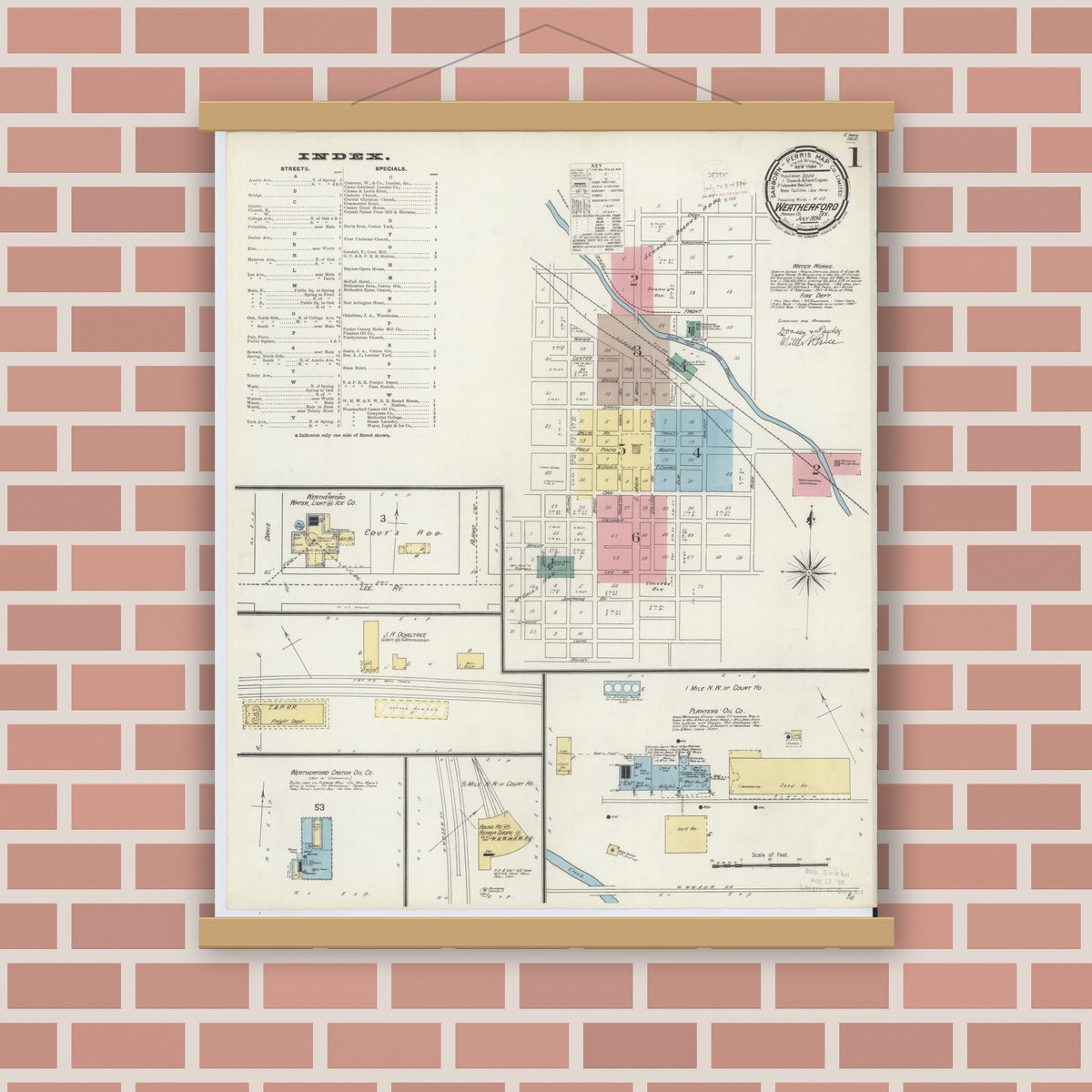 Old map wall art mockup — magnetic wood frame on brick wall — Sanborn Fire Insurance Map from Weatherford, Parker County, Texas (1894) - Complete Map Set