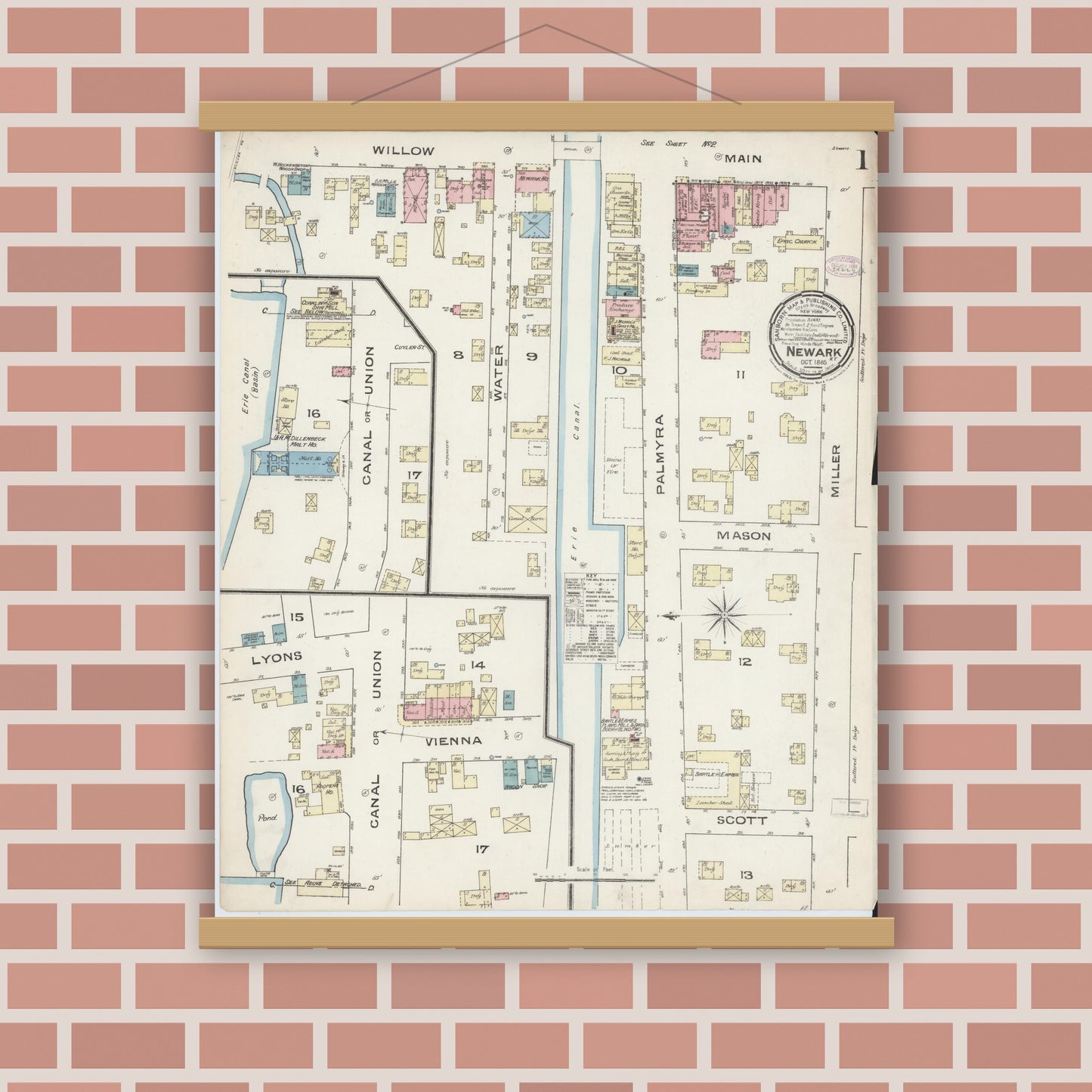 Old map wall art mockup — magnetic wood frame on brick wall — Sanborn Fire Insurance Map from Newark, Wayne County, New York (1885), Sheet #0001