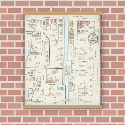 Old map wall art mockup — magnetic wood frame on brick wall — Sanborn Fire Insurance Map from Newark, Wayne County, New York (1885), Sheet #0001