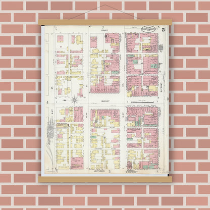 Old map wall art mockup — magnetic wood frame on brick wall — Sanborn Fire Insurance Map from Portsmouth, Scioto County, Ohio (1897), Sheet #0005