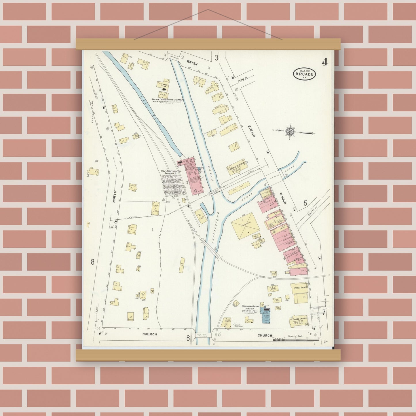 Old map wall art mockup — magnetic wood frame on brick wall — Sanborn Fire Insurance Map from Arcade, Wyoming County, New York (1912), Sheet #0004