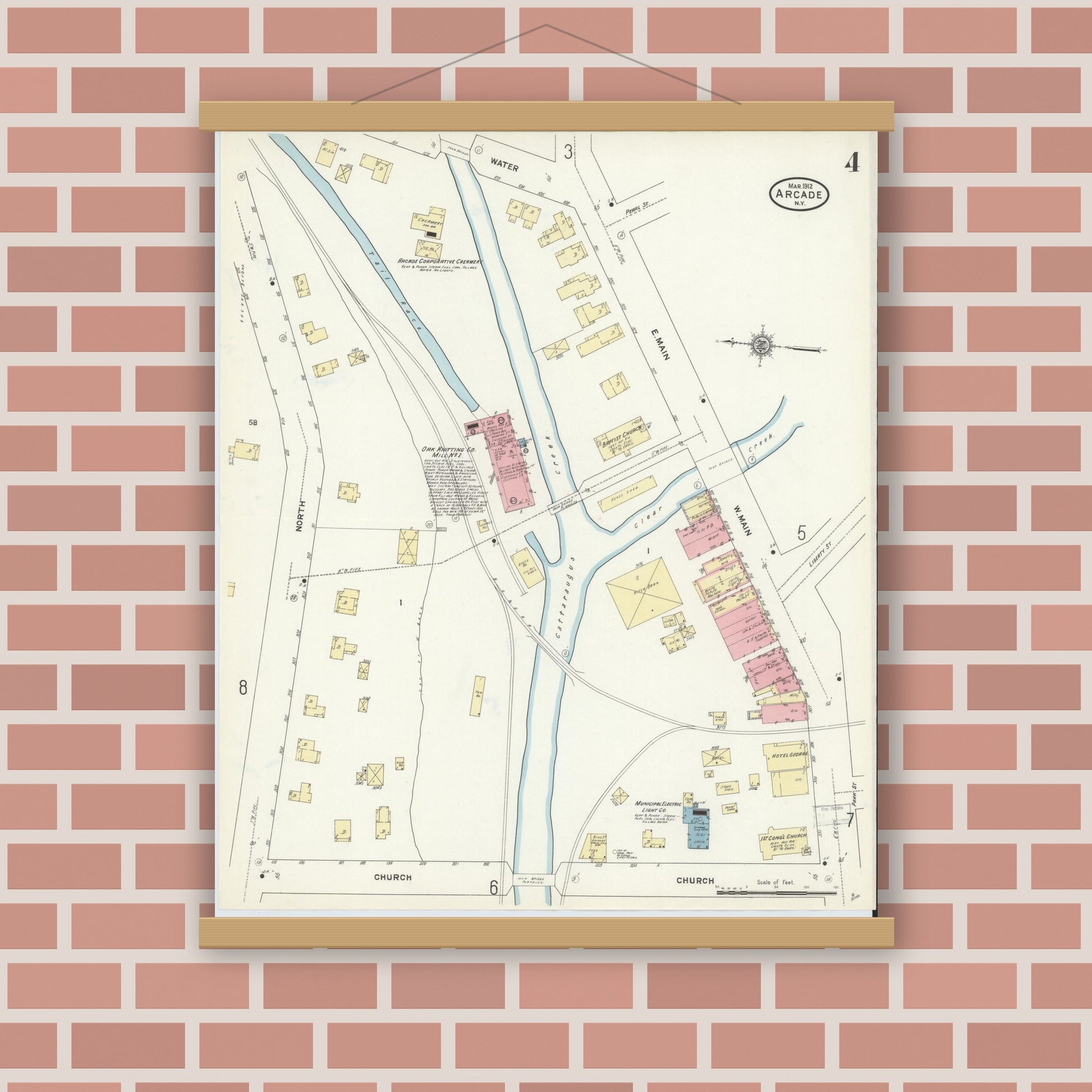 Old map wall art mockup — magnetic wood frame on brick wall — Sanborn Fire Insurance Map from Arcade, Wyoming County, New York (1912), Sheet #0004