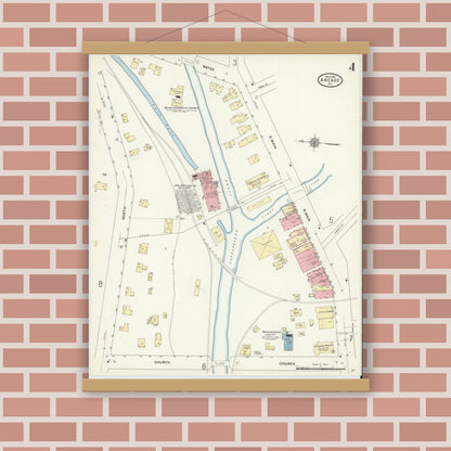 Old map wall art mockup — magnetic wood frame on brick wall — Sanborn Fire Insurance Map from Arcade, Wyoming County, New York (1912), Sheet #0004