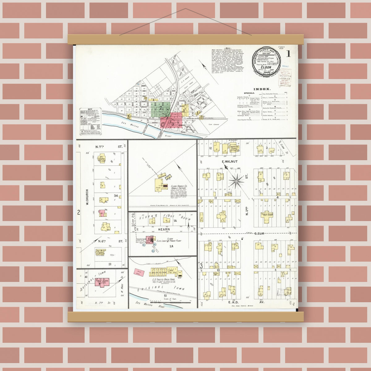 Old map wall art mockup — magnetic wood frame on brick wall — Sanborn Fire Insurance Map from Eldon, Wapello County, Iowa (1900) â€” Complete Set