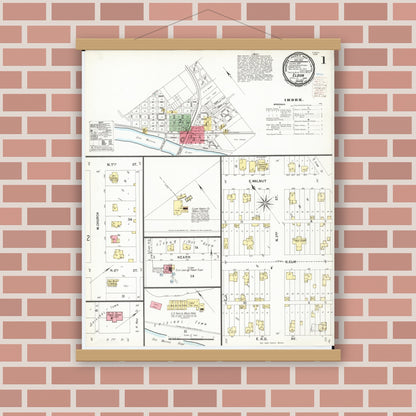 Old map wall art mockup — magnetic wood frame on brick wall — Sanborn Fire Insurance Map from Eldon, Wapello County, Iowa (1900) â€” Complete Set
