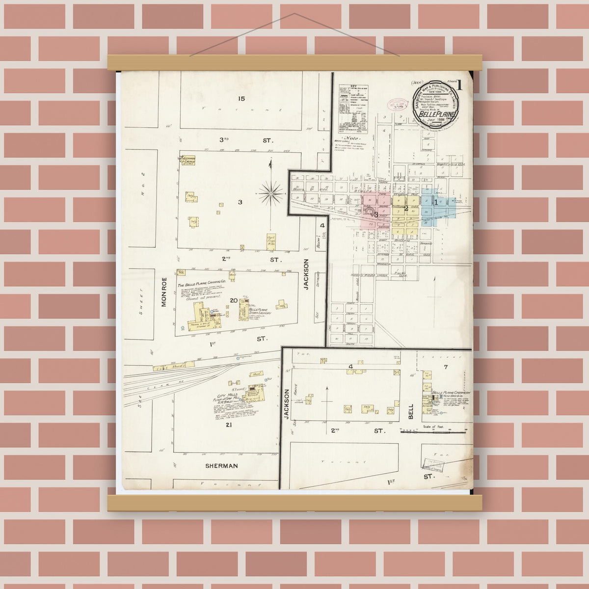 Old map wall art mockup — magnetic wood frame on brick wall — Sanborn Fire Insurance Map from Belle Plaine, Benton County, Iowa (1888) â€” Complete Set