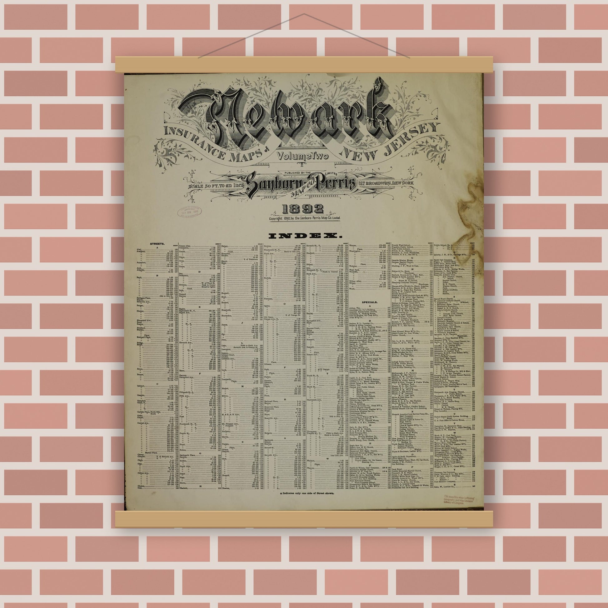 Old map wall art mockup — magnetic wood frame on brick wall — Sanborn Fire Insurance Map from Newark, Essex County, New Jersey (1892), Sheet #0001