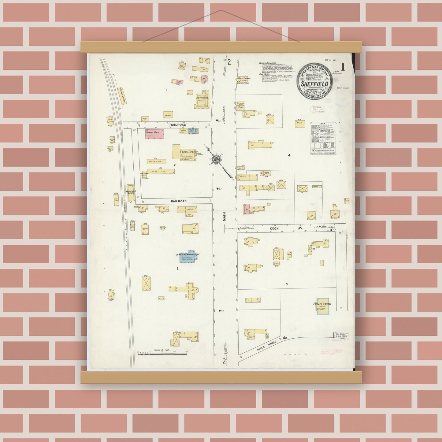 Old map wall art mockup — magnetic wood frame on brick wall — Sanborn Fire Insurance Map from Sheffield, Berkshire County, Massachusetts (1912), Sheet #0001