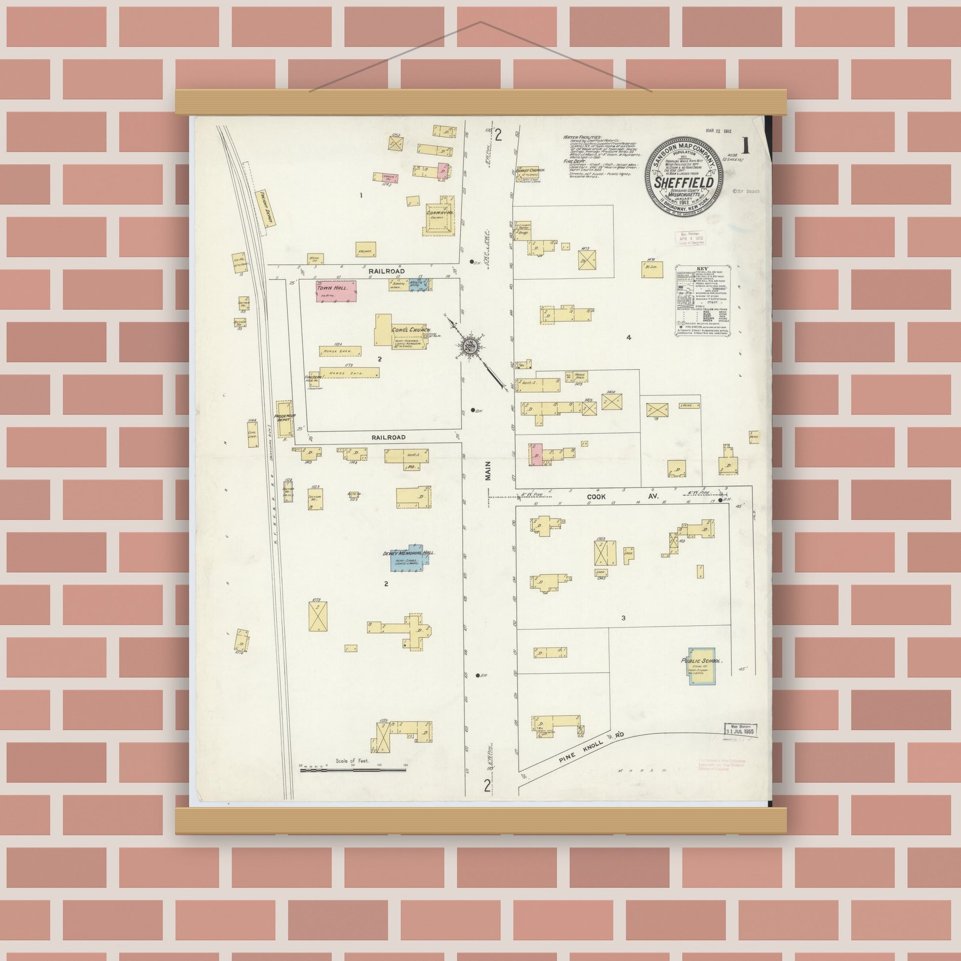 Old map wall art mockup — magnetic wood frame on brick wall — Sanborn Fire Insurance Map from Sheffield, Berkshire County, Massachusetts (1912), Sheet #0001