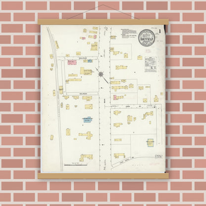 Old map wall art mockup — magnetic wood frame on brick wall — Sanborn Fire Insurance Map from Sheffield, Berkshire County, Massachusetts (1912), Sheet #0001