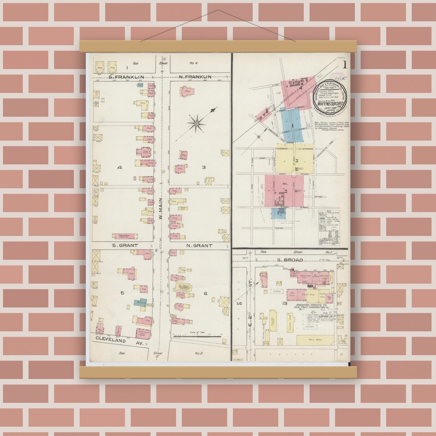 Old map wall art mockup — magnetic wood frame on brick wall — Sanborn Fire Insurance Map from Waynesboro, Franklin County, Pennsylvania (1886), Sheet #0001
