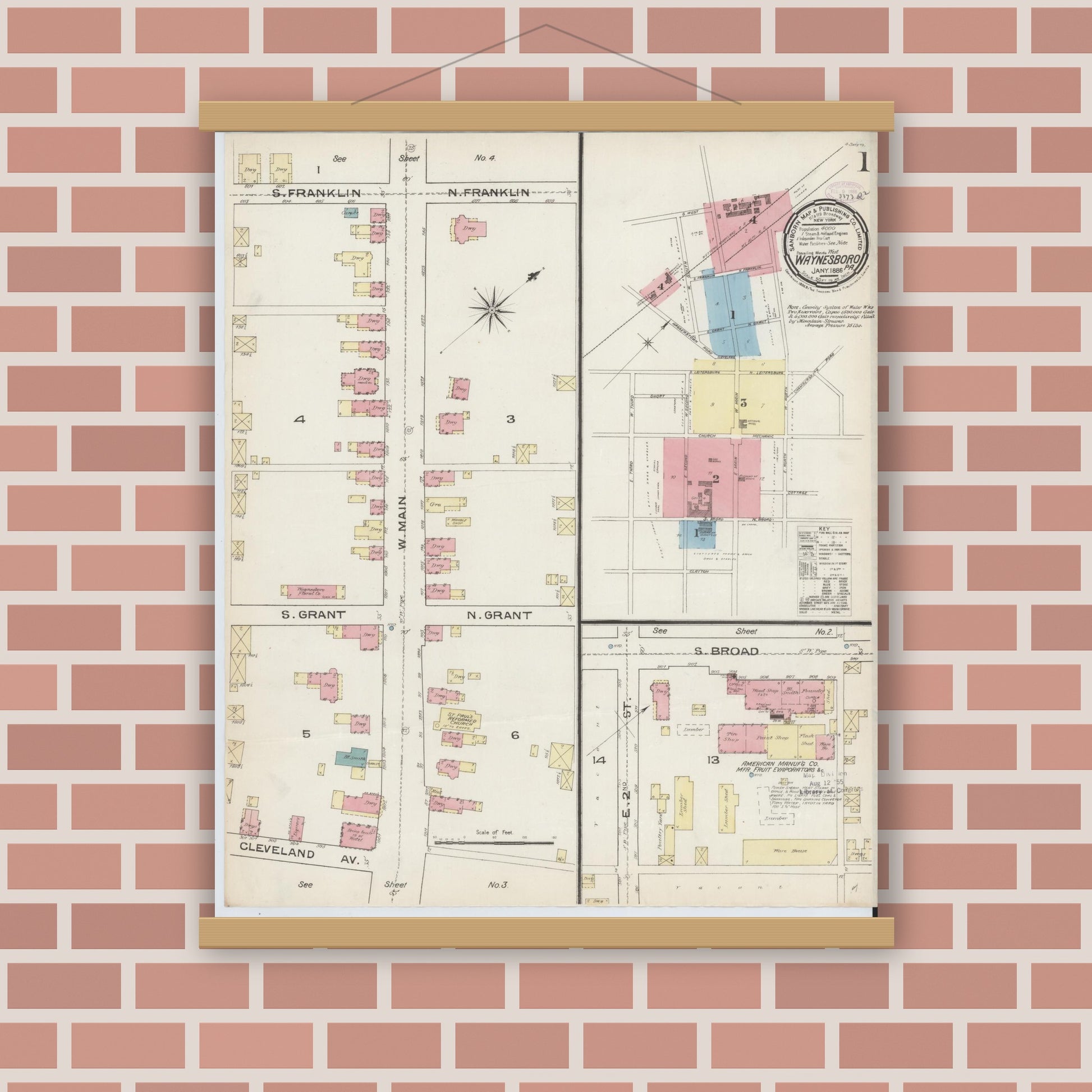 Old map wall art mockup — magnetic wood frame on brick wall — Sanborn Fire Insurance Map from Waynesboro, Franklin County, Pennsylvania (1886), Sheet #0001