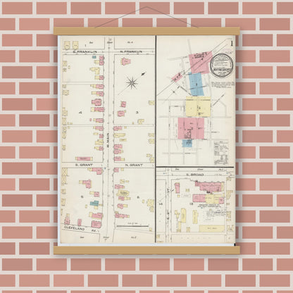 Old map wall art mockup — magnetic wood frame on brick wall — Sanborn Fire Insurance Map from Waynesboro, Franklin County, Pennsylvania (1886), Sheet #0001