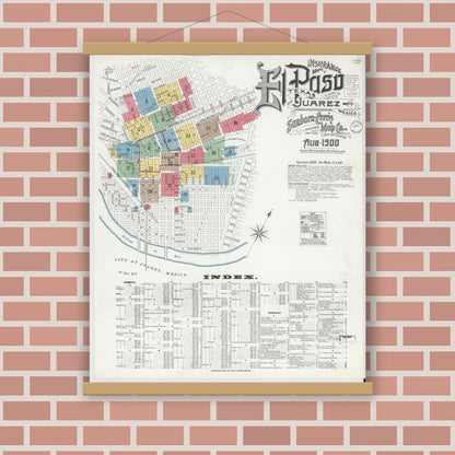 Old map wall art mockup — magnetic wood frame on brick wall — Sanborn Fire Insurance Map from El Paso, El Paso County, Texas (1900) - Complete Map Set