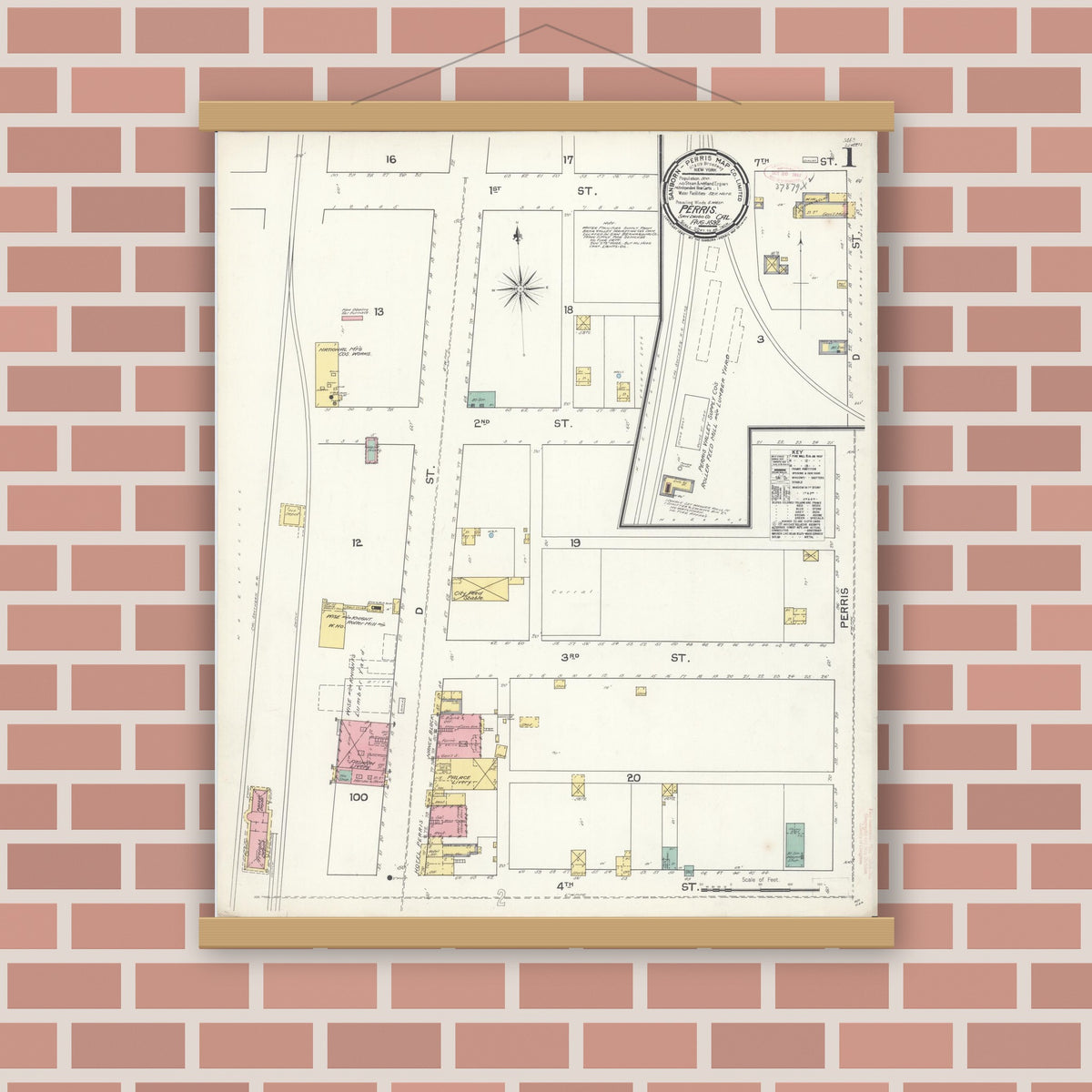 Old map wall art mockup — magnetic wood frame on brick wall — Sanborn Fire Insurance Map from Perris, Riverside County, California (1892) - Complete Map Set