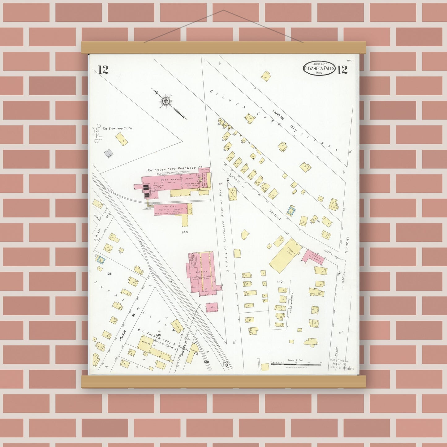 Old map wall art mockup — magnetic wood frame on brick wall — Sanborn Fire Insurance Map from Cuyahoga Falls, Summit County, Ohio (1927), Sheet #0012