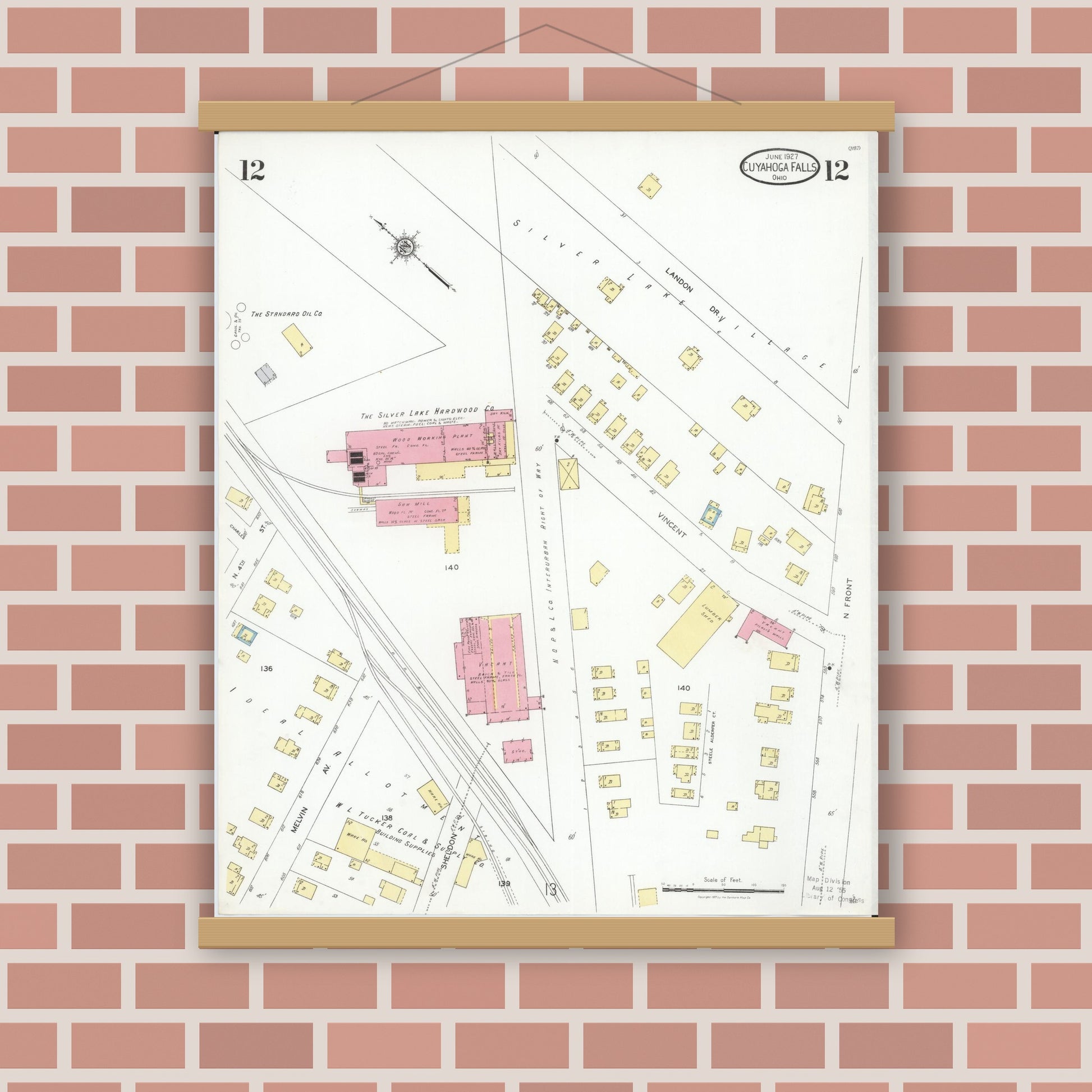 Old map wall art mockup — magnetic wood frame on brick wall — Sanborn Fire Insurance Map from Cuyahoga Falls, Summit County, Ohio (1927), Sheet #0012