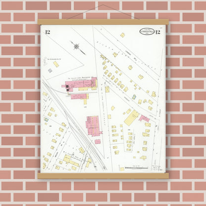 Old map wall art mockup — magnetic wood frame on brick wall — Sanborn Fire Insurance Map from Cuyahoga Falls, Summit County, Ohio (1927), Sheet #0012