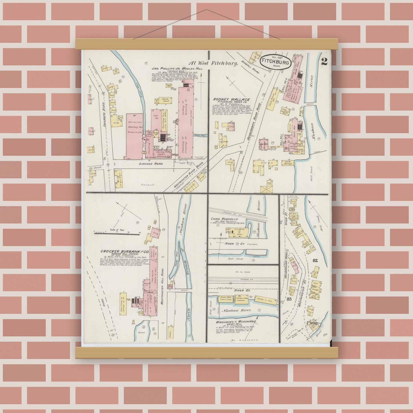 Old map wall art mockup — magnetic wood frame on brick wall — Sanborn Fire Insurance Map from Fitchburg, Worcester County, Massachusetts (1887), Sheet #0002