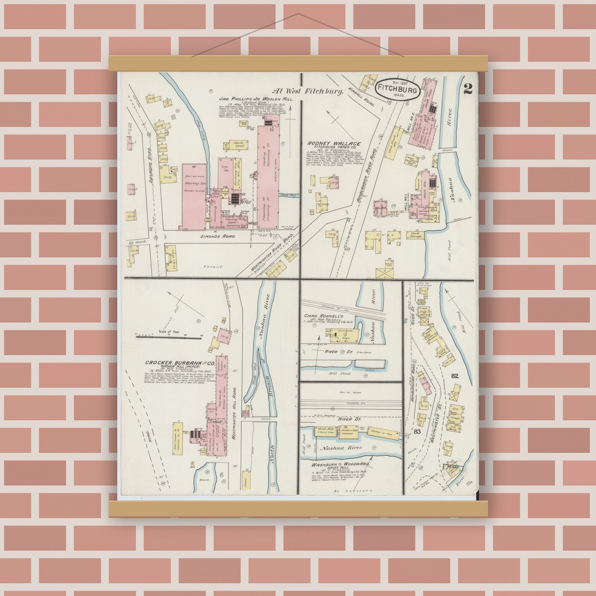 Old map wall art mockup — magnetic wood frame on brick wall — Sanborn Fire Insurance Map from Fitchburg, Worcester County, Massachusetts (1887), Sheet #0002