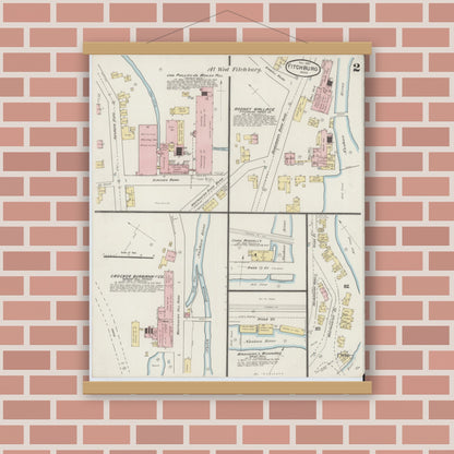 Old map wall art mockup — magnetic wood frame on brick wall — Sanborn Fire Insurance Map from Fitchburg, Worcester County, Massachusetts (1887), Sheet #0002
