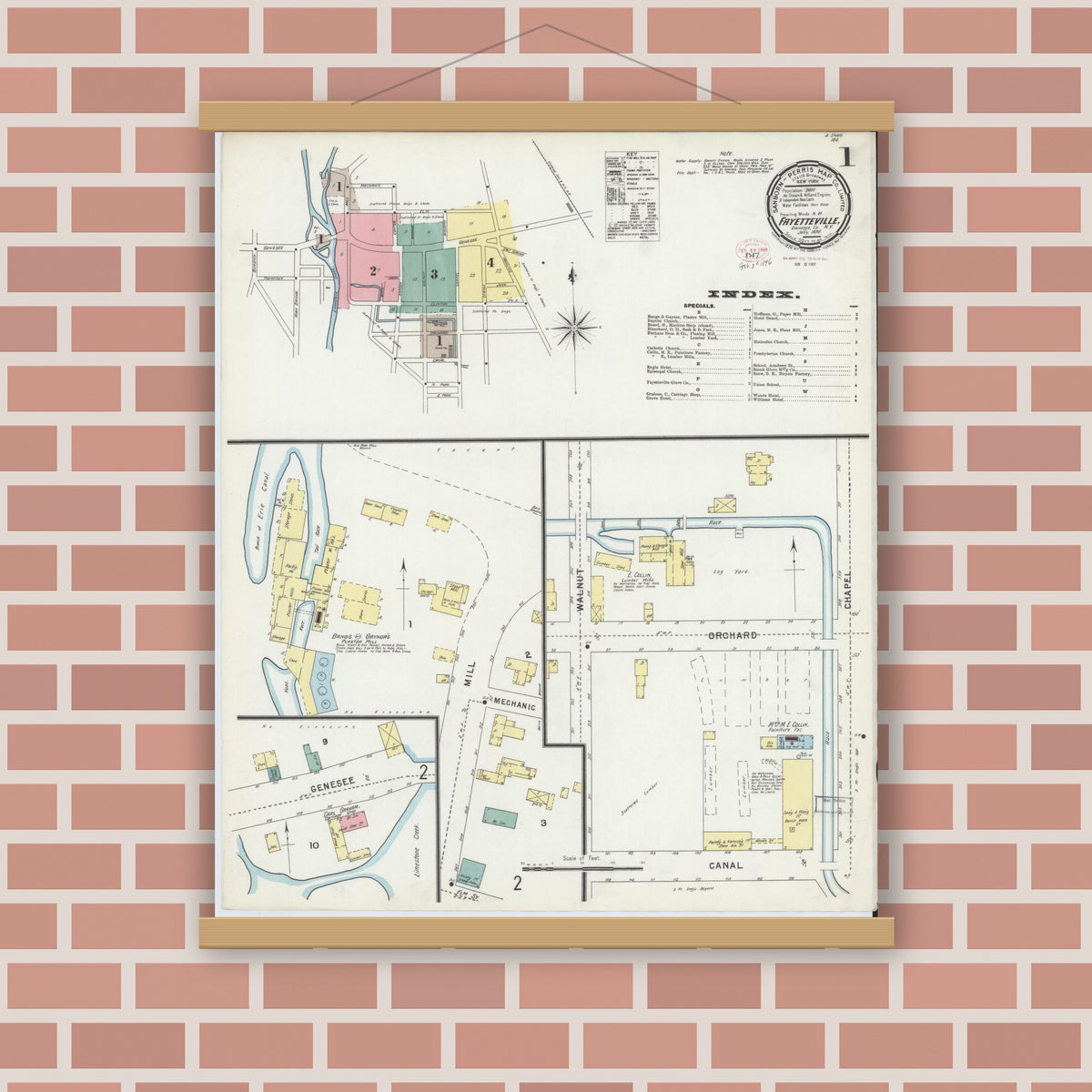 Old map wall art mockup — magnetic wood frame on brick wall — Sanborn Fire Insurance Map from Fayetteville, Onondaga County, New York (1896), Sheet #0001