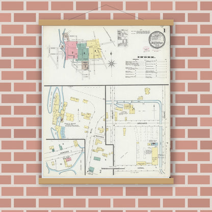 Old map wall art mockup — magnetic wood frame on brick wall — Sanborn Fire Insurance Map from Fayetteville, Onondaga County, New York (1896), Sheet #0001