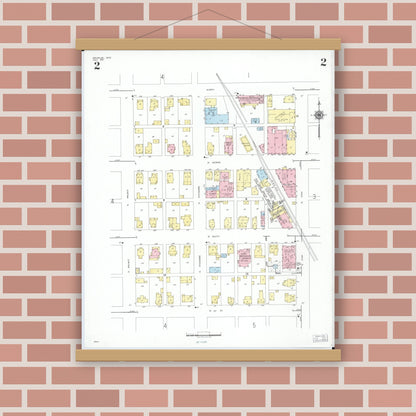 Old map wall art mockup — magnetic wood frame on brick wall — Sanborn Fire Insurance Map from Arcanum, Darke County, Ohio (1951), Sheet #0002