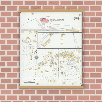 Old map wall art mockup — magnetic wood frame on brick wall — Sanborn Fire Insurance Map from Jackson, Jackson County, Minnesota (1900), Sheet #0005